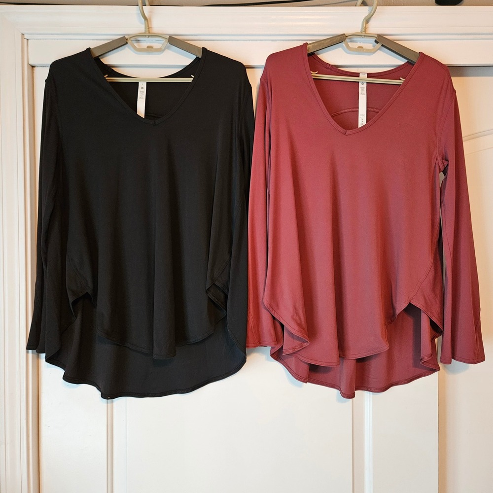 2  - Lululemon Nulu Relaxed Fit Yoga Shirts Long Sleeve Black Smoky Red Size 4